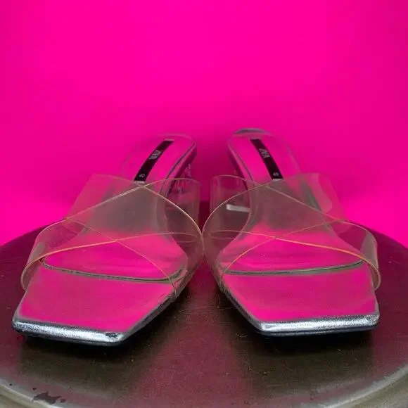 Zara Silver, Clear Crisscross Slip On Lucite Block Heel Sandal US 9 - Picture 2 of 7